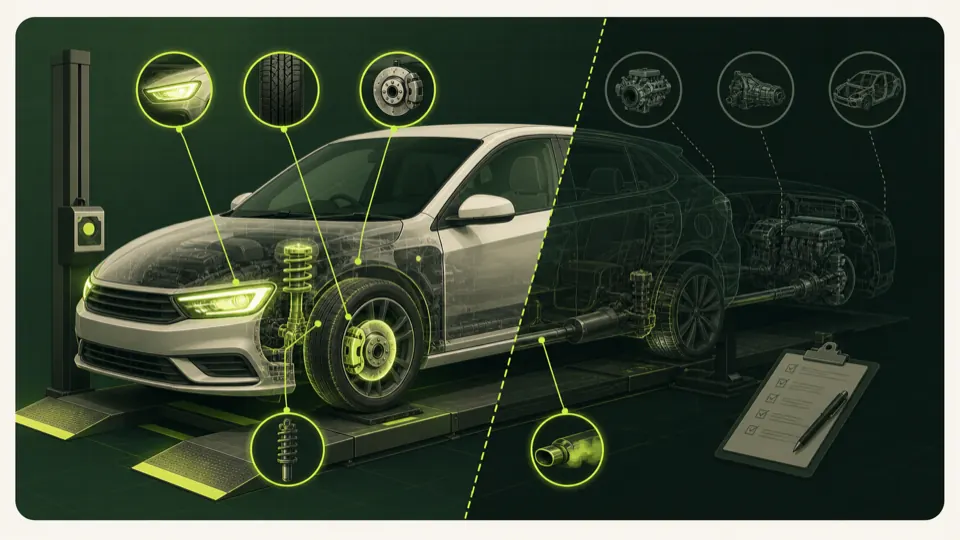 Illustration of an MOT record being checked against a calendar and vehicle details.