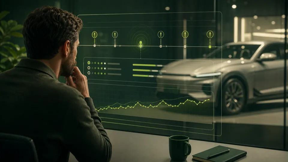 Illustration of a buyer reviewing MOT history trends and recurring advisory markers.