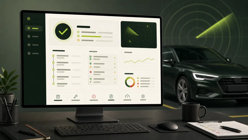 Illustration of a MotRadar MOT check dashboard summarising MOT status, history and vehicle records.