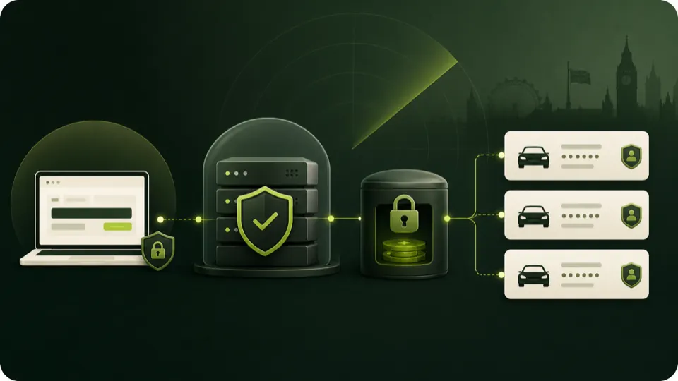 Illustration of a protected server lookup path and anonymised vehicle record cards.